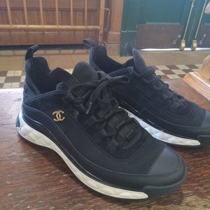 Womans Chanel black velvet calfskin and mixed fiber athletic sneakers